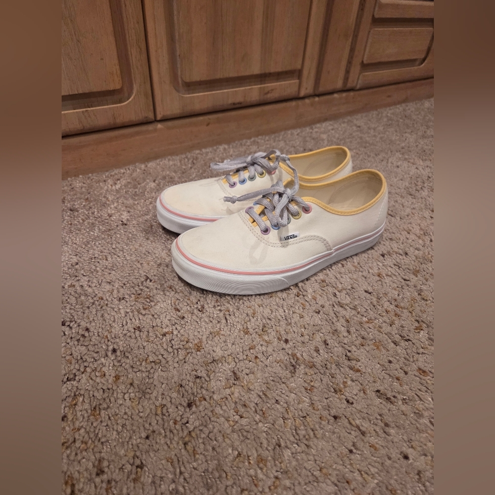 Vans White Canvas Sneakers with Yellow And Pink Trim